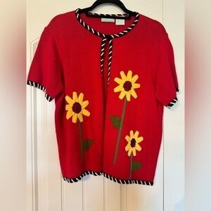 VTG 220 Hickory Sunflower Embellished Red Short Sleeve Cardigan Women's M 90's
